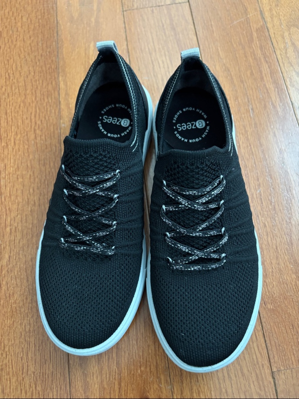 Bzees Black Knit Slip-On Sneakers with White Sole. Washable!